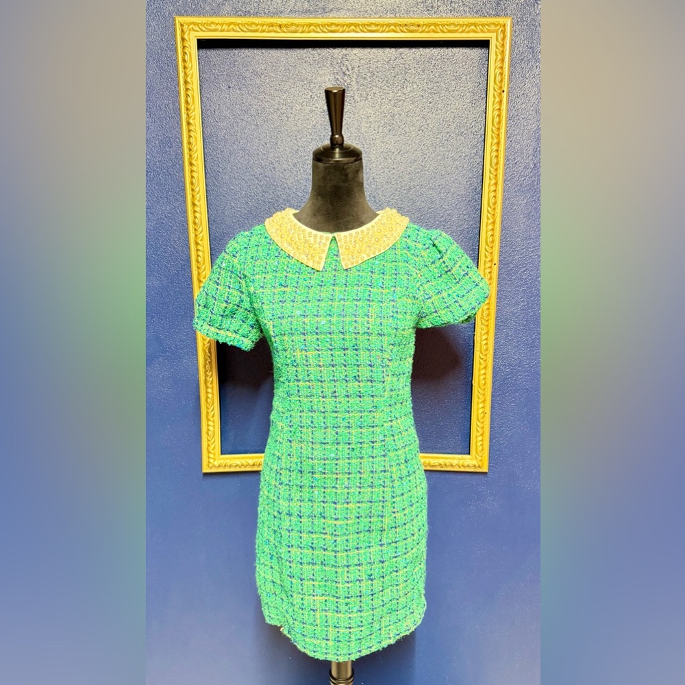 FATE Green Tweed Dress with Pearl Collar